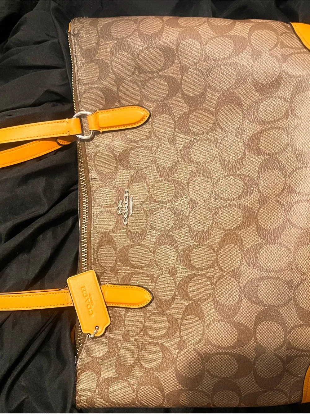 Coach Tan Signature Tote with Orange Leather Trim and Matching Wallet